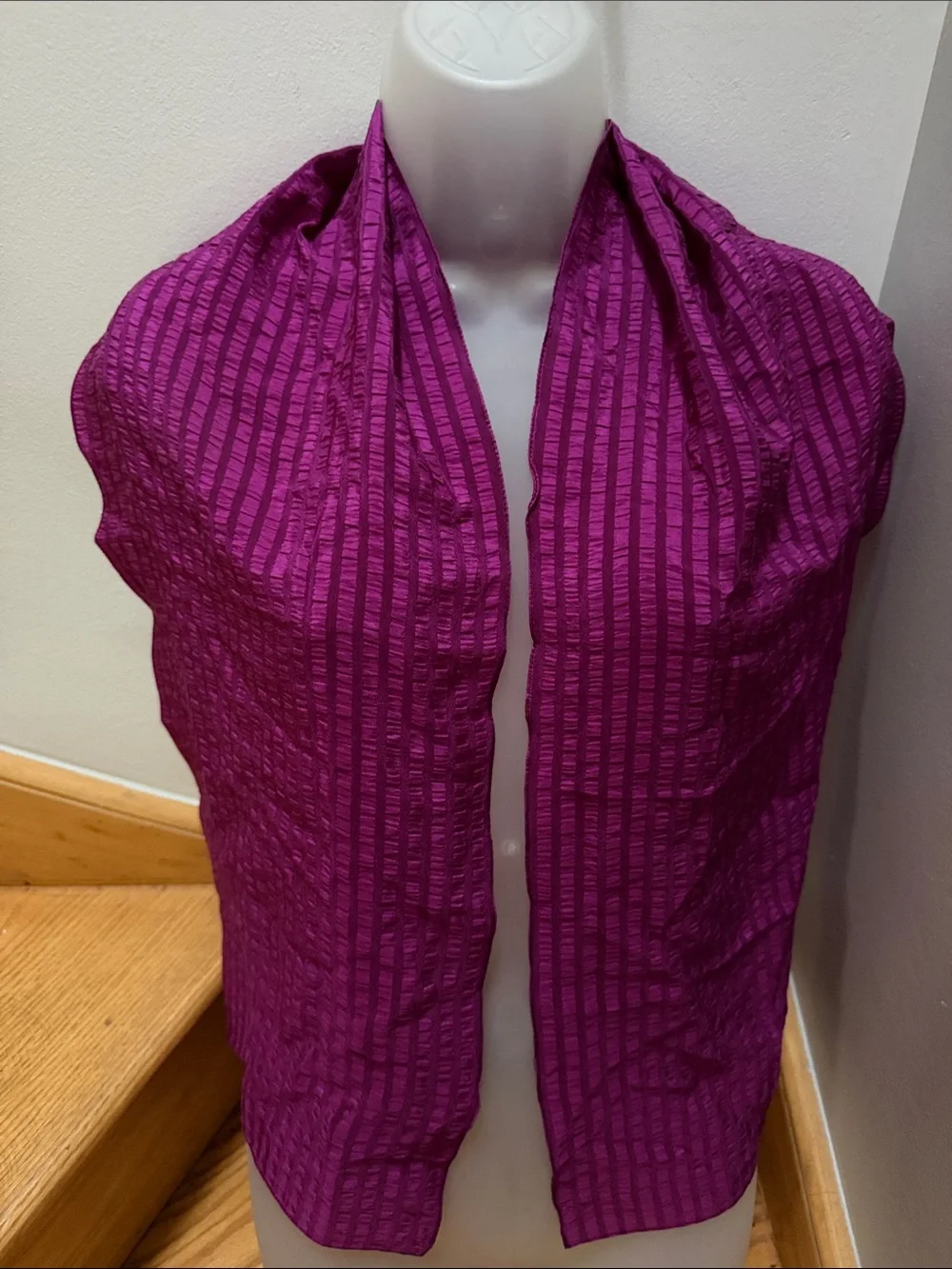 VTG Geoffrey Beene Magenta Silk Wool Crinkle Striped Scarf Made In France